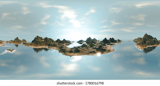 8K HDRI map: ocean landscape - islands with mountains and sandy beaches under a sunny sky (realistic 360 degree render for spherical nature background environment and 3d equirectangular panorama)