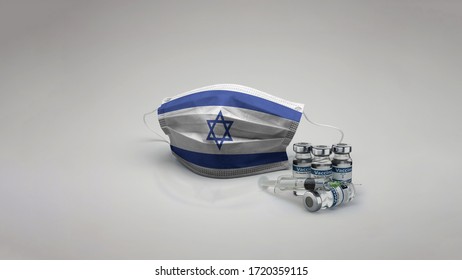 8K Israel Flag Medical Face Mask Coronavirus 3d Rendering With Vaccine Of The Country