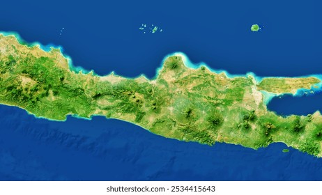 8K Java Island Map Of Indonesia, High Resolution Satellite View With No Border, Widescreen 4K Resolution