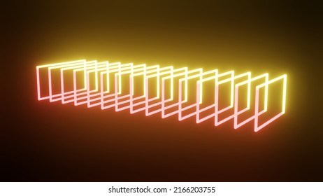 8K Resolution , 3D Rendered Pink And Yellow Gradiant Colored Glowing Neon Rectangle With Multiple Frames In Black Soft  Background