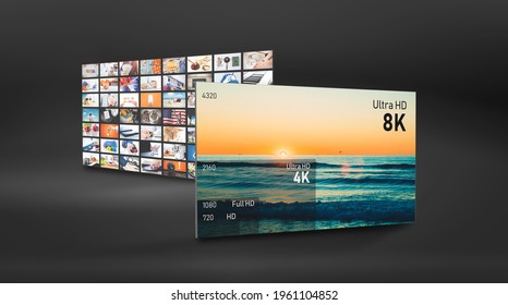 8K resolution display with comparison of resolutions. TV screen panel conceptual graphic