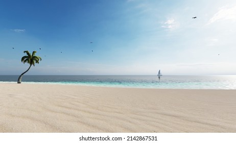 8K ULTRA HD 25 Fps. Beautiful Beach Sea. Scene Of Landscape View Of Palm At Beach. Beach Sand On Blue Sea Water Clear And Sky Clear Background. 3d Rendering.