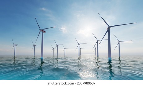 8k Ultra HD 7640x4320. Ocean Wind Farm. Windmill Farm In The Ocean. Offshore Wind Turbines In The Sea. Wind Turbine From Aerial View, 3d Rendering.