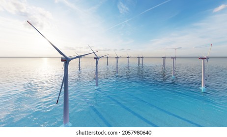 8k Ultra HD 7640x4320. Ocean Wind Farm. Windmill Farm In The Ocean. Offshore Wind Turbines In The Sea. Wind Turbine From Aerial View, 3d Rendering.