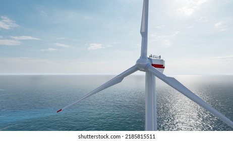 8K Ultra HD 7640x4320. Ocean Wind Farm. Windmill Farm In The Ocean. Offshore Wind Turbines In The Sea. Wind Turbine From Aerial View, 3d Rendering.
