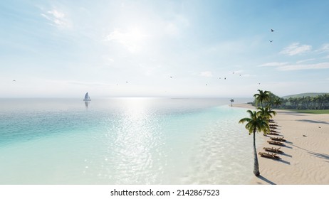 8K ULTRA HD. Beautiful Beach Sea. Scene Of Landscape View Of Palm At Beach. Beach Sand On Blue Sea Water Clear And Sky Clear Background. 3d Rendering.