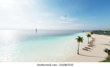 8K ULTRA HD. Beautiful Beach Sea. Scene Of Landscape View Of Palm At Beach. Beach Sand On Blue Sea Water Clear And Sky Clear Background. 3d Rendering.