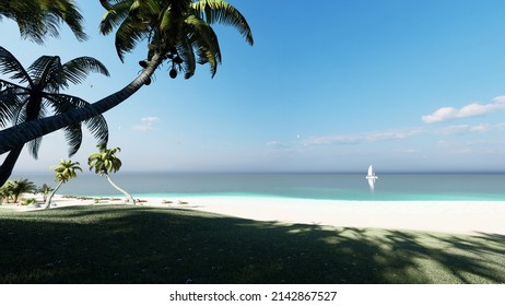 8K ULTRA HD. Beautiful Beach Sea. Scene Of Landscape View Of Palm At Beach. Beach Sand On Blue Sea Water Clear And Sky Clear Background. 3d Rendering.