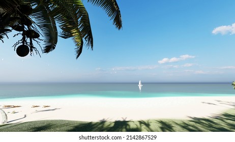 8K ULTRA HD. Beautiful Beach Sea. Scene Of Landscape View Of Palm At Beach. Beach Sand On Blue Sea Water Clear And Sky Clear Background. 3d Rendering.