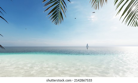 8K ULTRA HD. Beautiful Beach Sea. Scene Of Landscape View Of Palm At Beach. Beach Sand On Blue Sea Water Clear And Sky Clear Background. 3d Rendering.