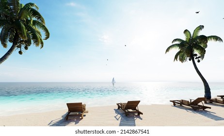 8K ULTRA HD. Beautiful Beach Sea. Scene Of Landscape View Of Palm At Beach. Beach Sand On Blue Sea Water Clear And Sky Clear Background. 3d Rendering.