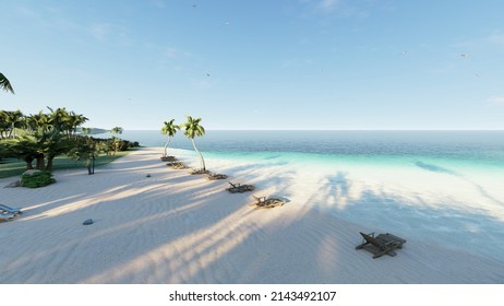 8K ULTRA HD. Beautiful Beach Sea. Scene Of Landscape View Of Palm At Beach. Beach Sand On Blue Sea Water Clear And Sky Clear Background. 3d Rendering.