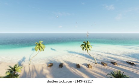 8K ULTRA HD. Beautiful Beach Sea. Scene Of Landscape View Of Palm At Beach. Beach Sand On Blue Sea Water Clear And Sky Clear Background. 3d Rendering.