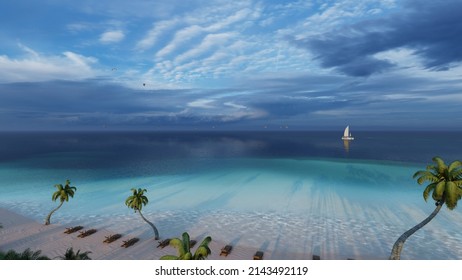 8K ULTRA HD. Beautiful Beach Sea. Scene Of Landscape View Of Palm At Beach. Beach Sand On Blue Sea Water Clear And Sky Clear Background. 3d Rendering.