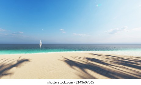 8K ULTRA HD. Beautiful Beach Sea. Scene Of Landscape View Of Palm At Beach. Beach Sand On Blue Sea Water Clear And Sky Clear Background. 3d Rendering.