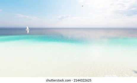 8K ULTRA HD. Beautiful Beach Sea. Scene Of Landscape View Of Palm At Beach. Beach Sand On Blue Sea Water Clear And Sky Clear Background. 3d Rendering.