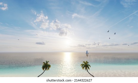 8K ULTRA HD. Beautiful Beach Sea. Scene Of Landscape View Of Palm At Beach. Beach Sand On Blue Sea Water Clear And Sky Clear Background. 3d Rendering.