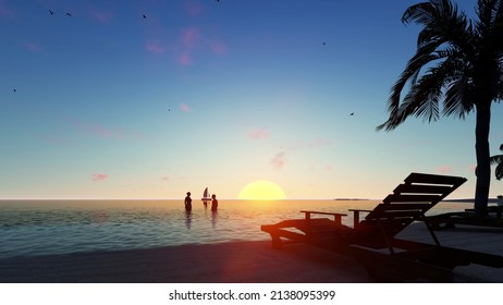 8K Ultra Hd. Blue Sky Over The Sea And Beach. Waves Washing The Sand. Palm Trees On The Caribbean Tropical Beach. Vacation Travel Background. 3D Rendering.
