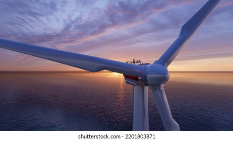 8K ULTRA HD. Close Up Shot Of Wind Mills Turbine Rotating By The Wind And Generating Renewable Green Energy. Offshore Windmill, 3d Rendering. 