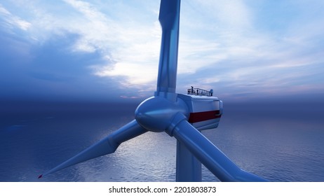 8K ULTRA HD. Close Up Shot Of Wind Mills Turbine Rotating By The Wind And Generating Renewable Green Energy. Offshore Windmill, 3d Rendering. 