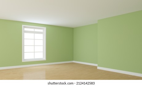 8K Ultra HD Empty Interior Corner with Light Green Walls, White Window, Light Glossy Parquet Floor and a White Plinth. Perspective View. 3D Illustration with a Work Path on Window, 7680x4320, 300 dpi
