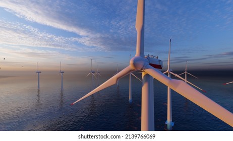 8K ULTRA HD. Offshore wind turbines farm on the ocean. Sustainable energy production, clean power. 3D illustration