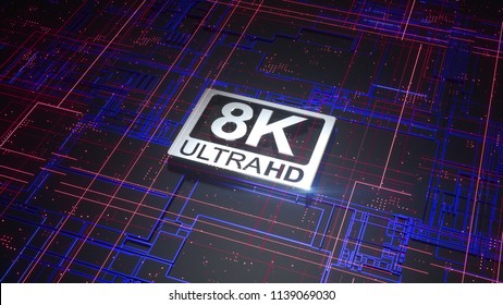 8K ultra hd symbol on abstract electronic circuit board. Television technology concept of ultra high definition sign on digital background with many lines and geometric elements. 3d rendering