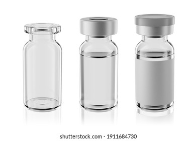 8R vaccine clear glass injection vials set isolated on white background. 3d rendering mockup.