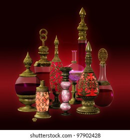 9 bottles with golden ornaments in red colors