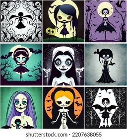 9 Cute And Spooky Halloween Monster Girl Characters Set