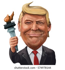 9 February 2017 - Ayvalik, Turkey: Torch of the Liberty Statue and Donald Trump themed cartoon portrait. Illustrated in Turkey by Erkan Atay.