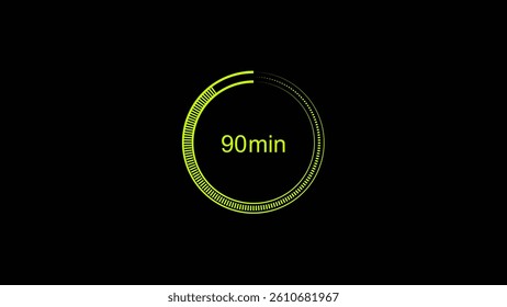90 minutes, digital countdown timer lime green color 4k illustration. Black background 4k illustration.