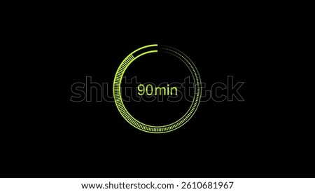 90 minutes, digital countdown timer lime green color 4k illustration. Black background 4k illustration.