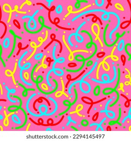 90s seamless pattern squiggle kid. Line doodle seamless pattern, trendy background