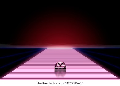 90's Style Retro Neon Grid With 8 Bit  Game Car, Retrowave Background