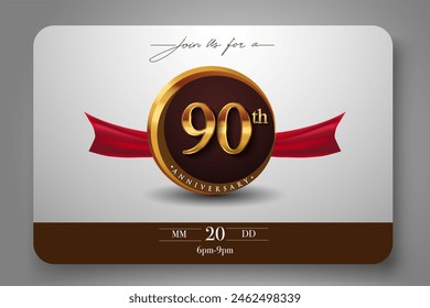 90th Anniversary Logo With Golden Ring And Red Ribbon Isolated on Elegant Background, Birthday Invitation Design And Greeting Card - Powered by Shutterstock