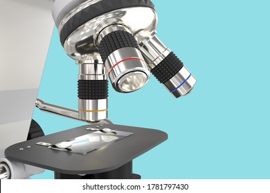 96 MPx high resolution renders of lab microscope with fictive design isolated on blue - 3d illustration of object, microscopy discovery concept