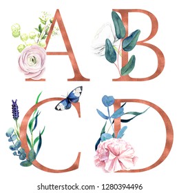 A, B, C, D, Decorative Floral Alphabet With Gold Foil Letters And Watercolor Botanical Decoration.