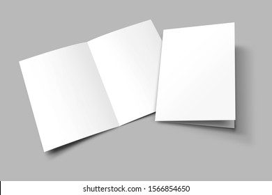 A3 half fold Blank opened and closed 3D illustration magazine mock-up with cover. Book, Brochure, Pamphlet, Catalog empty mockup for Presentation on isolated light grey background. 3D illustrating