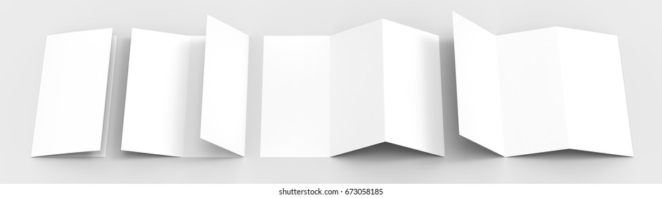 A4. Blank trifold paper brochure mock-up on soft gray background with soft shadows and highlights. 3D illustrating