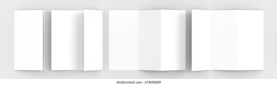A4. Blank trifold paper brochure mock-up on soft gray background with soft shadows and highlights. 3D illustrating