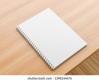 A4 Format Spiral Binding Notebook Mock Up On Wooden Table. Realistic Notebook Mock Up. 3D Illustration.