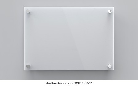 A4 gray glass nameplate plate on spacer metal holders. Clear printing board for branding. Acrilic advertising signboard on gray background front view. Size 297 x 210 mm. 3D illustration