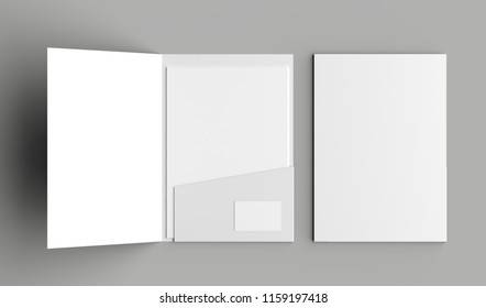 A4 size single pocket reinforced folder with business card mock up isolated on gray background. 3D illustration.