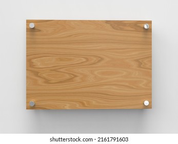 A4 Wood Nameplate Plate. Plate On Spacer Metal Holders. Board For Branding. Wooden Advertising Signboard On Gray Background. Size 297 X 210 Mm. 3D Illustration