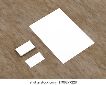 A4/Letter white mock up. Business cards mock up. Wood table background. Office desk template. 3d illustration - Powered by Shutterstock