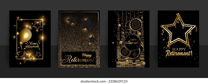 Aa abstract set of illustrations celebrating Retirement with a set of four greeting cards in black and gold color scheme - Powered by Shutterstock