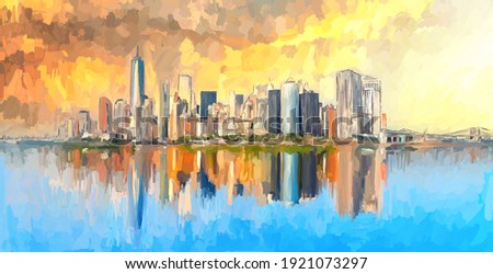 Aabstract oil painting New York City skyline with reflection effect on the water