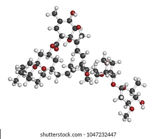 Abamectin insecticide molecule. 3D rendering. Atoms are represented as spheres with conventional color coding: hydrogen (white), carbon (grey), oxygen (red), nitrogen (blue).