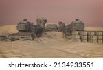 Abandoned alien outpost in a desert landscape. Sci-Fi fantasy concept 3D rendering. 